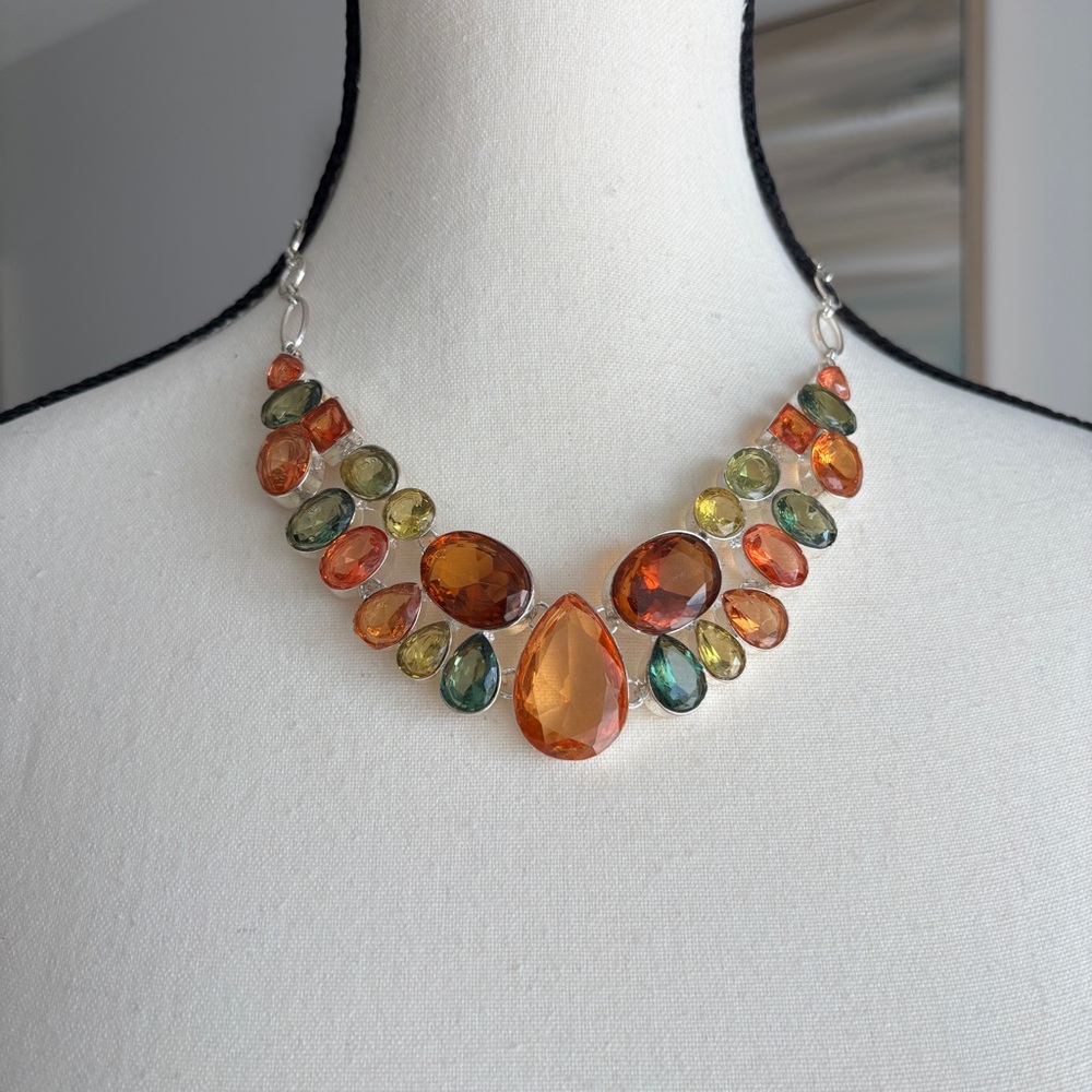 Multicolor Teardrop Statement Necklace - Orange, Green, Yellow